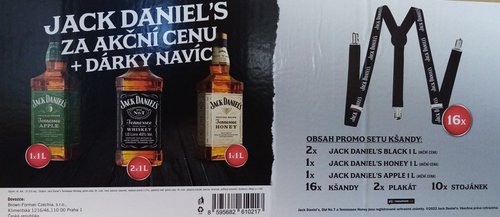 Jack Daniels 4x 1 l (1x JD apple 35%, 2x JD black 40%, 1x JD honex 35%) +16x kandy + 2x plakt + 1