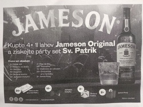 Jameson 40% 4 x 1 l + prop. set St. Patrik (20x omlovenka pro manelku, 10x motlek, 2x kolov kost