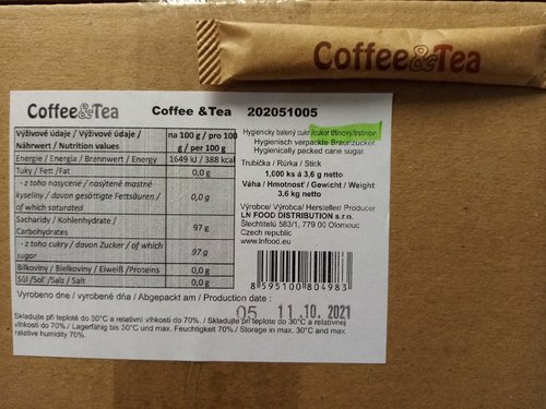 Třtinový cukr Coffee &amp; Tea hygienicky balený 1000 ks 3,6 g