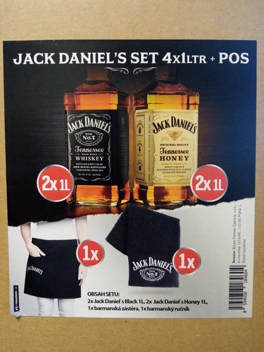 Jack Daniels 2 x Honey 35% 1 l + 2 x Black 40% 1 l + 1 x mal runk + 1 x barmansk zstra