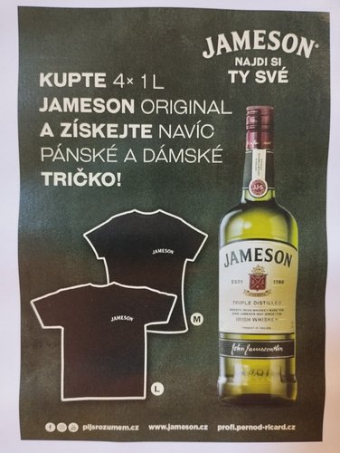 Jameson 40% 4 x 1 l + propagace (1x tričko vel. L, 1x tričko vel. M)
